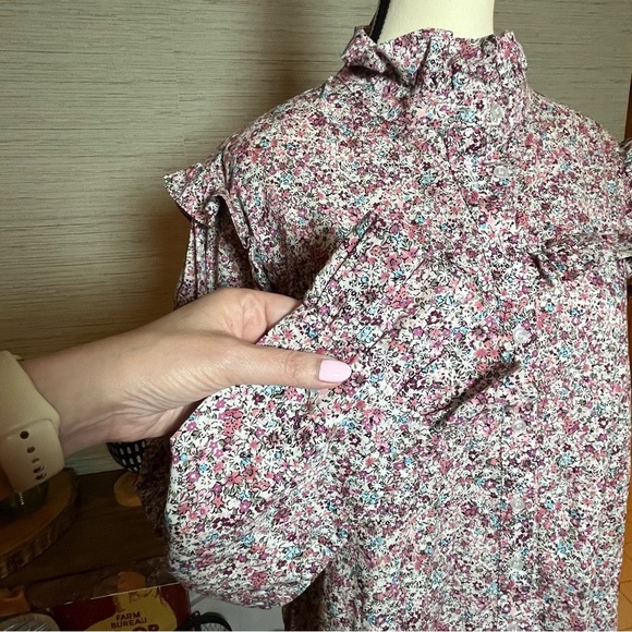 The Shirt Rochelle Behrens Elizabeth Size XL Button Up Ruffle Pink White Floral - Picture 4 of 10